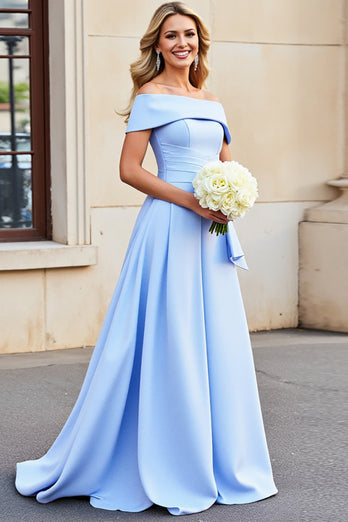Light Blue A Line Satin Long Prom Dress with Ruffles