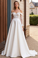 Load image into Gallery viewer, Ivory Satin Sweep Train Off the Shoulder Wedding Dress with Lace