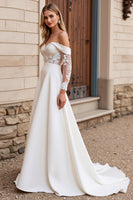 Load image into Gallery viewer, Ivory Satin Sweep Train Off the Shoulder Wedding Dress with Lace