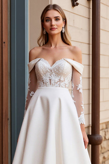 Ivory Satin Sweep Train Off the Shoulder Wedding Dress with Lace