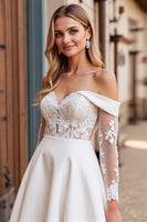 Load image into Gallery viewer, Ivory Satin Sweep Train Off the Shoulder Wedding Dress with Lace