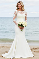 Load image into Gallery viewer, Ivory Satin Illusion Boat Neck Mermaid Sweep Train Wedding Dress with Lace