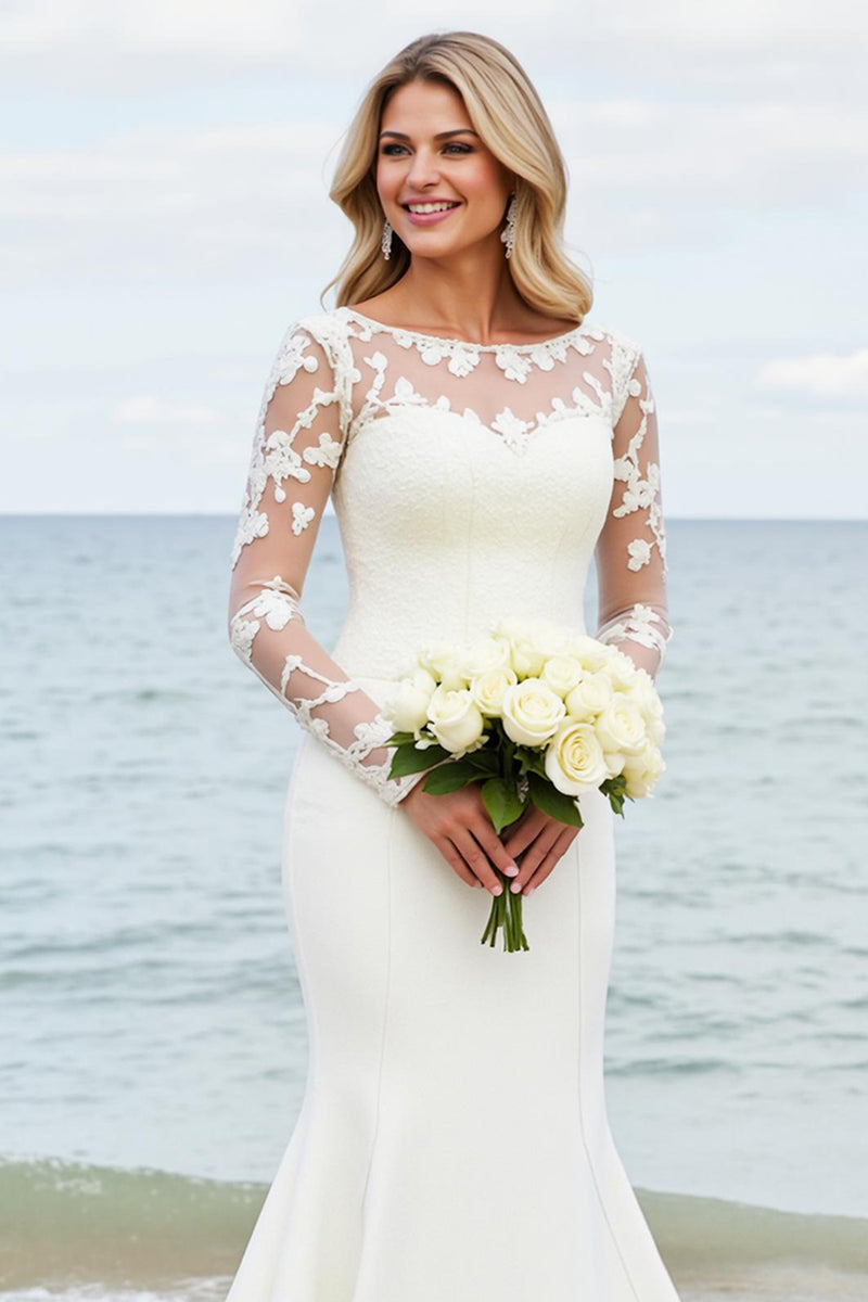 Load image into Gallery viewer, Ivory Satin Illusion Boat Neck Mermaid Sweep Train Wedding Dress with Lace
