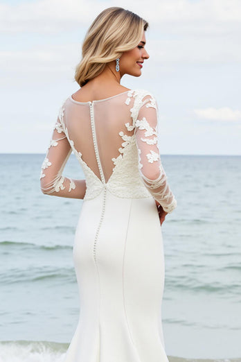 Ivory Satin Illusion Boat Neck Mermaid Sweep Train Wedding Dress with Lace