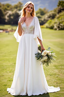 Load image into Gallery viewer, Ivory Chiffon V Neck Sweep Train Boho Wedding Dress with Lace