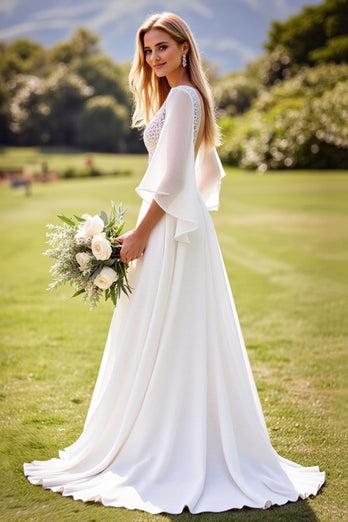 Ivory Chiffon V Neck Sweep Train Boho Wedding Dress with Lace