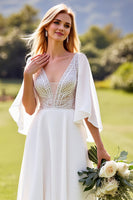 Load image into Gallery viewer, Ivory Chiffon V Neck Sweep Train Boho Wedding Dress with Lace