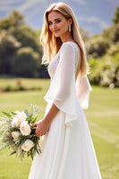Load image into Gallery viewer, Ivory Chiffon V Neck Sweep Train Boho Wedding Dress with Lace
