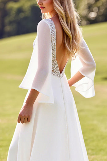 Ivory Chiffon V Neck Sweep Train Boho Wedding Dress with Lace