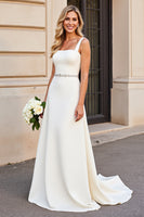 Load image into Gallery viewer, Ivory Satin Square Neck Sweep Train Wedding Dress with Belt