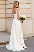Load image into Gallery viewer, Ivory Satin Square Neck Sweep Train Wedding Dress with Belt