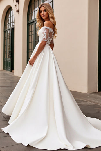 Ivory Satin Illusion Neck Sweep Train Wedding Dress with Lace