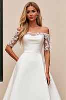 Load image into Gallery viewer, Ivory Satin Illusion Neck Sweep Train Wedding Dress with Lace
