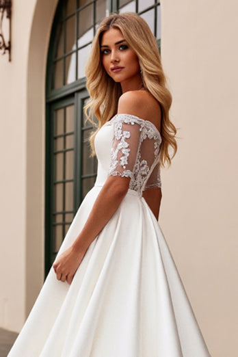 Ivory Satin Illusion Neck Sweep Train Wedding Dress with Lace