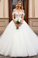 Load image into Gallery viewer, Ivory Off the Shoulder Sweep Train Wedding Dress with Lace
