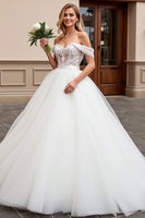 Load image into Gallery viewer, Ivory Off the Shoulder Sweep Train Wedding Dress with Lace