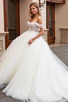 Load image into Gallery viewer, Ivory Off the Shoulder Sweep Train Wedding Dress with Lace