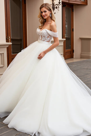 Ivory Off the Shoulder Sweep Train Wedding Dress with Lace
