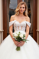 Load image into Gallery viewer, Ivory Off the Shoulder Sweep Train Wedding Dress with Lace