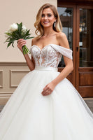 Load image into Gallery viewer, Ivory Off the Shoulder Sweep Train Wedding Dress with Lace