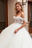 Load image into Gallery viewer, Ivory Off the Shoulder Sweep Train Wedding Dress with Lace