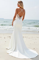 Load image into Gallery viewer, Ivory Satin V Neck Sweep Train Boho Wedding Dress