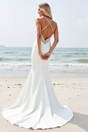 Ivory Satin V Neck Sweep Train Boho Wedding Dress