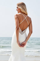 Load image into Gallery viewer, Ivory Satin V Neck Sweep Train Boho Wedding Dress
