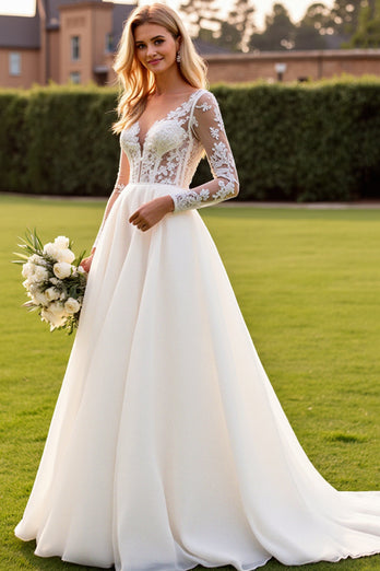 Ivory V Neck Sweep Train Wedding Dress with Lace