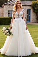 Load image into Gallery viewer, Ivory V Neck Sweep Train Wedding Dress with Lace
