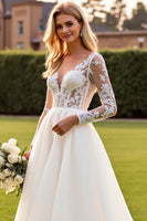 Load image into Gallery viewer, Ivory V Neck Sweep Train Wedding Dress with Lace
