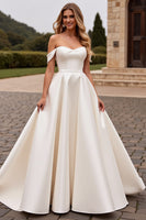 Load image into Gallery viewer, Ivory Satin A Line Sweep Train Off the Shoulder Wedding Dress with Lace