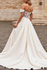 Load image into Gallery viewer, Ivory Satin A Line Sweep Train Off the Shoulder Wedding Dress with Lace