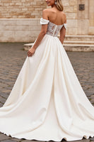 Load image into Gallery viewer, Ivory Satin A Line Sweep Train Off the Shoulder Wedding Dress with Lace