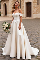 Load image into Gallery viewer, Ivory Satin A Line Sweep Train Off the Shoulder Wedding Dress with Lace