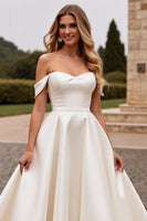 Load image into Gallery viewer, Ivory Satin A Line Sweep Train Off the Shoulder Wedding Dress with Lace