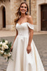 Load image into Gallery viewer, Ivory Satin A Line Sweep Train Off the Shoulder Wedding Dress with Lace