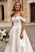 Load image into Gallery viewer, Ivory Satin A Line Sweep Train Off the Shoulder Wedding Dress with Lace