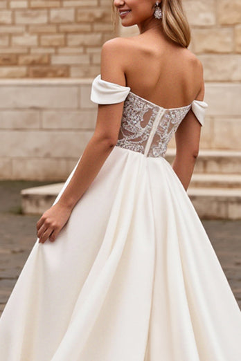 Ivory Satin A Line Sweep Train Off the Shoulder Wedding Dress with Lace