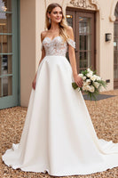 Load image into Gallery viewer, Ivory Satin Off the Shoulder Sweep Train Wedding Dress with Lace