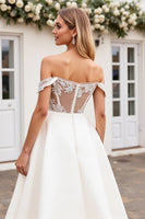Load image into Gallery viewer, Ivory Satin Off the Shoulder Sweep Train Wedding Dress with Lace