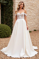 Load image into Gallery viewer, Ivory Satin Off the Shoulder Sweep Train Wedding Dress with Lace
