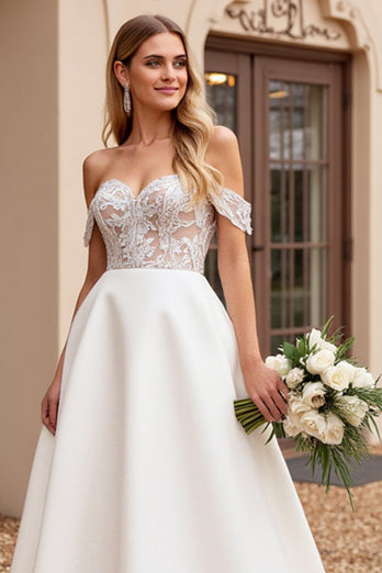 Ivory Satin Off the Shoulder Sweep Train Wedding Dress with Lace