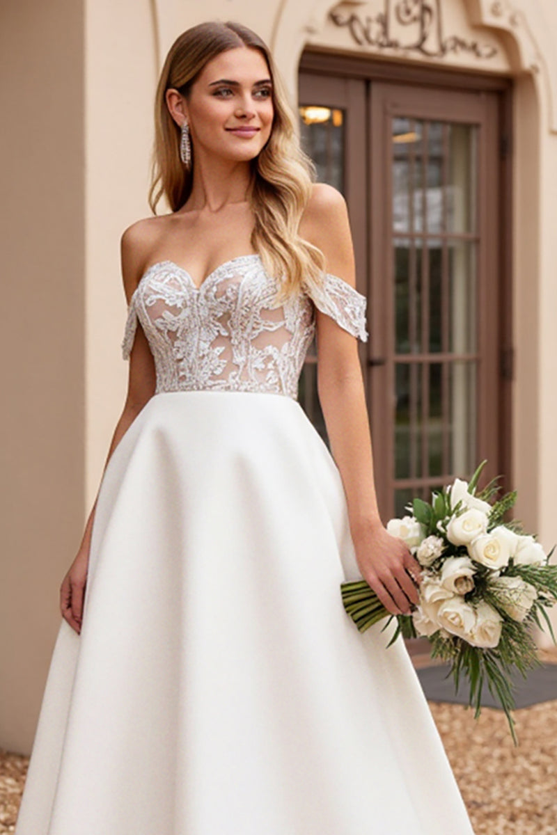 Load image into Gallery viewer, Ivory Satin Off the Shoulder Sweep Train Wedding Dress with Lace