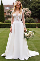 Load image into Gallery viewer, Ivory Satin Illusion A Line Sweep Train Wedding Dress with Lace