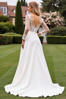Load image into Gallery viewer, Ivory Satin Illusion A Line Sweep Train Wedding Dress with Lace