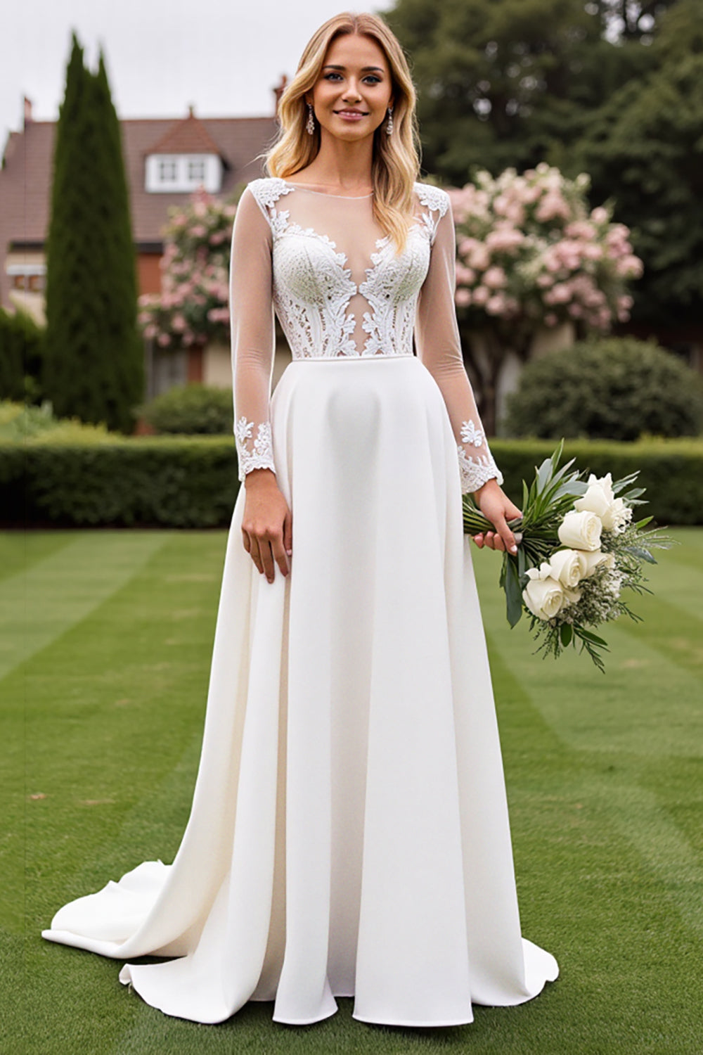 Ivory Satin Illusion A Line Sweep Train Wedding Dress with Lace