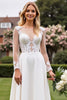 Load image into Gallery viewer, Ivory Satin Illusion A Line Sweep Train Wedding Dress with Lace