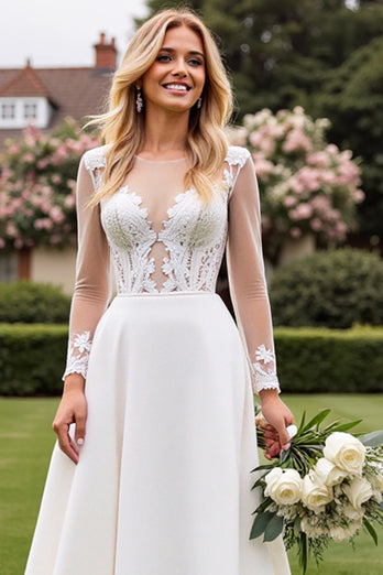 Ivory Satin Illusion A Line Sweep Train Wedding Dress with Lace