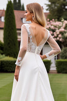 Load image into Gallery viewer, Ivory Satin Illusion A Line Sweep Train Wedding Dress with Lace